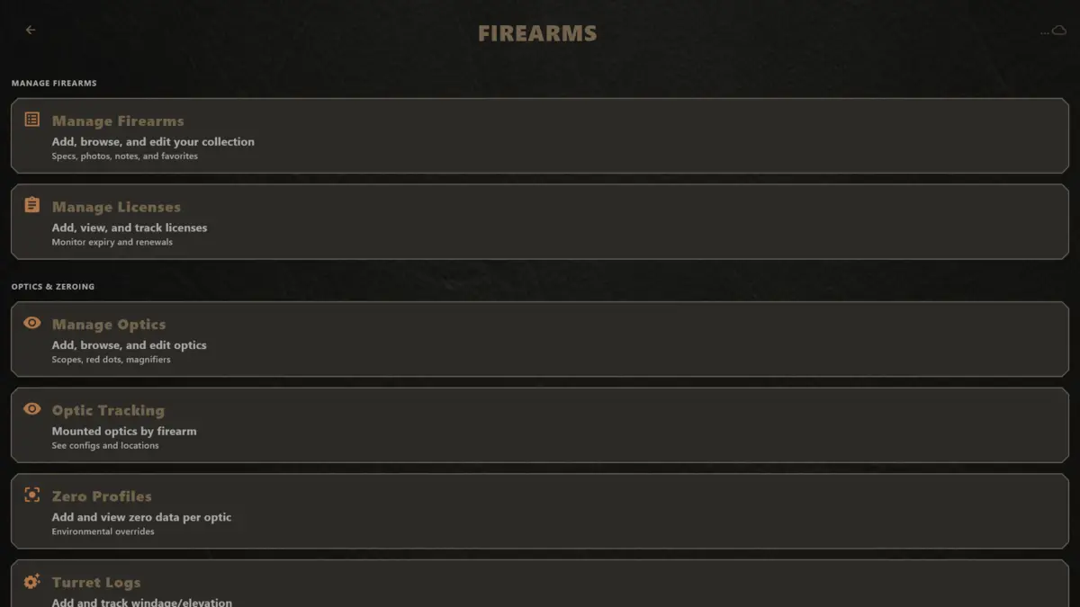 The Load'Em firearms screen showing firearm management, licences, optics, zero profiles and turret logs